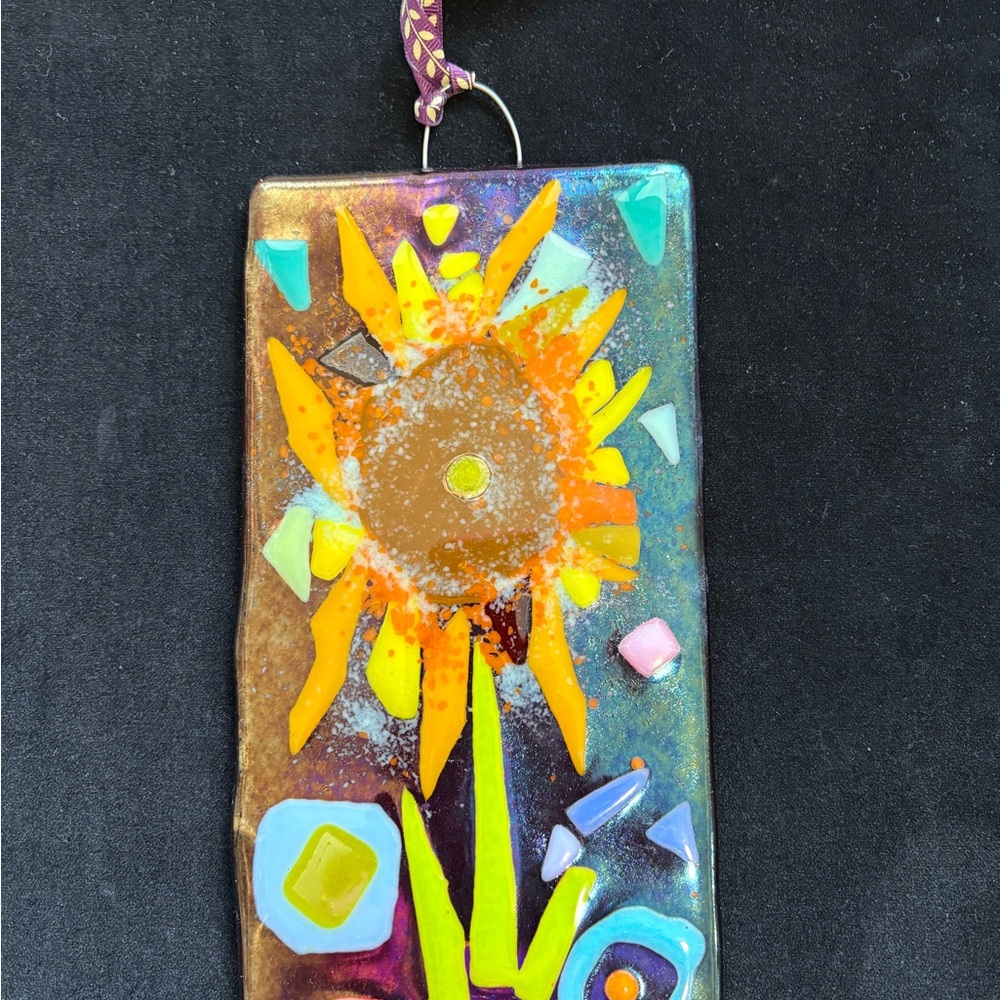 “Sunflower On Scarlet “Fused Art Glass  Handmade HangingPlaque 8.5”x4.5”Original